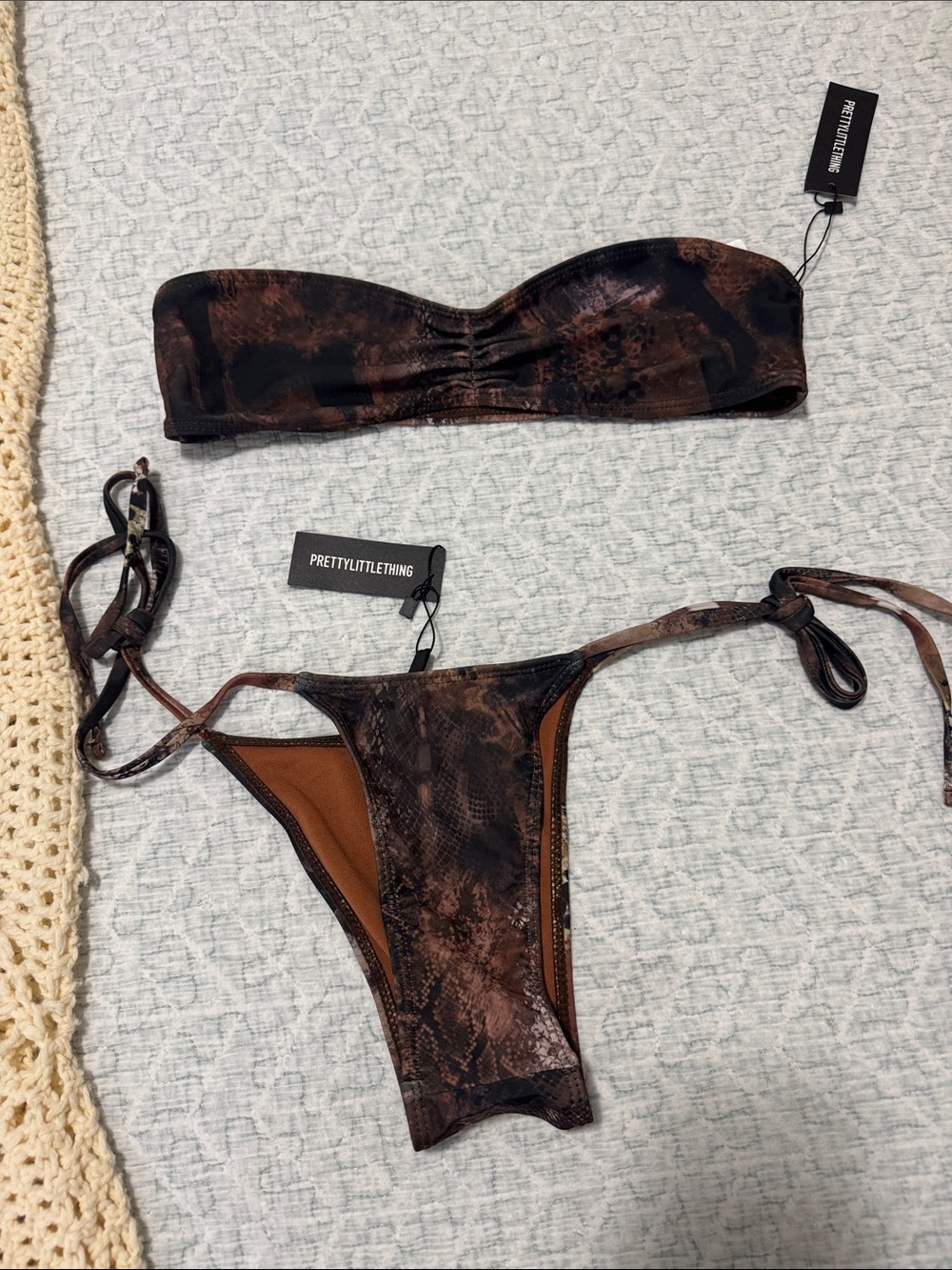 Nwt PrettyLittleThing Brown Snake-Print Bandeau Tie-Side Bikini